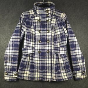 Pink Envelope Peacoat Femme Size Medium Blue White Pink Plaid Wool Blend